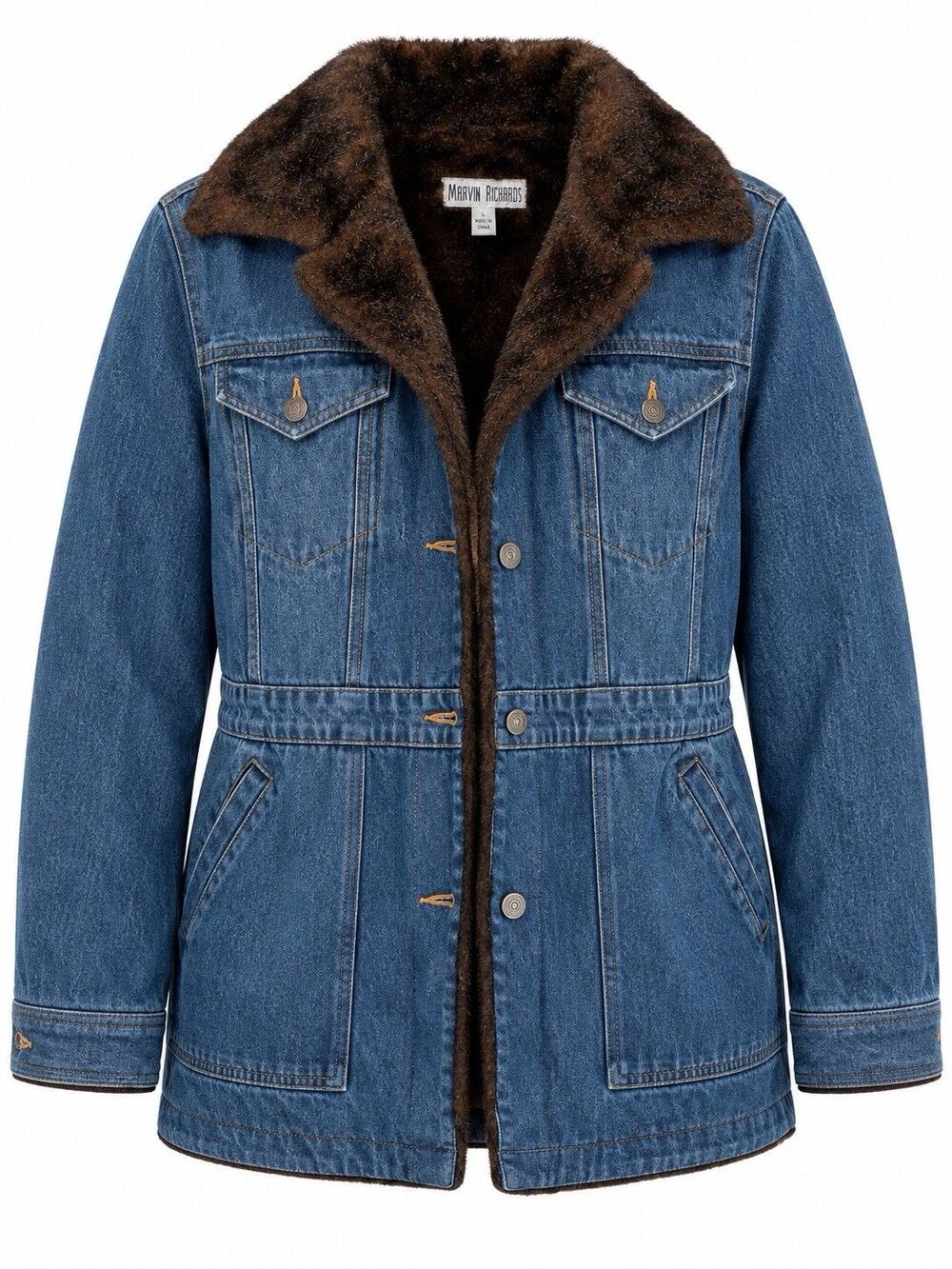Marvin Richards Blue Denim Faux Fur Lined Jacket Brown Trim Coat Parka Women’s L